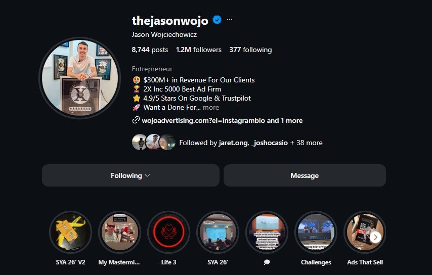 Jason Wojo's Instagram profile: 1.2M followers