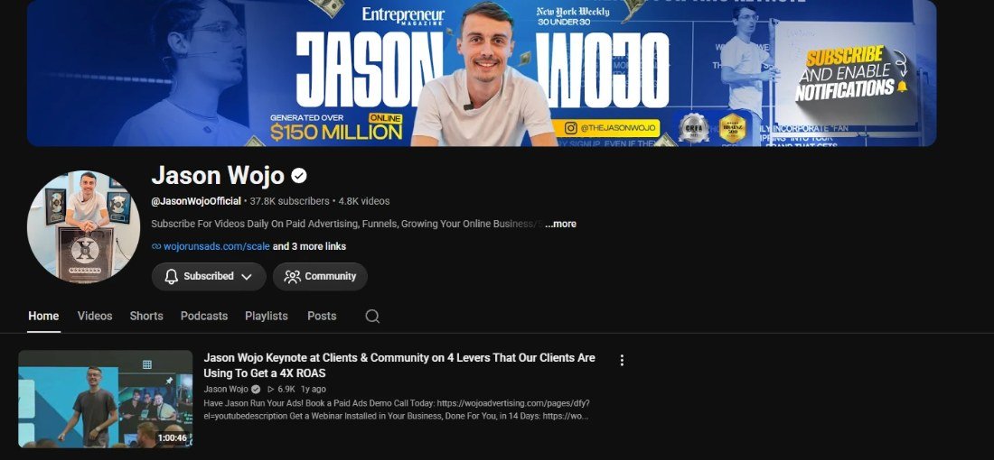 Jason Wojo's YouTube channel: 37.8K subscribers